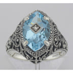 Detail view of Victorian Style Sterling Silver Blue Topaz Filigree Ring w/ Diamond Center highlighting Blue Topaz, Diamond