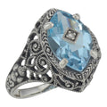 Victorian style, Blue Topaz, Diamond, sterling silver rings, front view