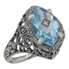 Victorian style, Blue Topaz, Diamond, sterling silver rings, front view