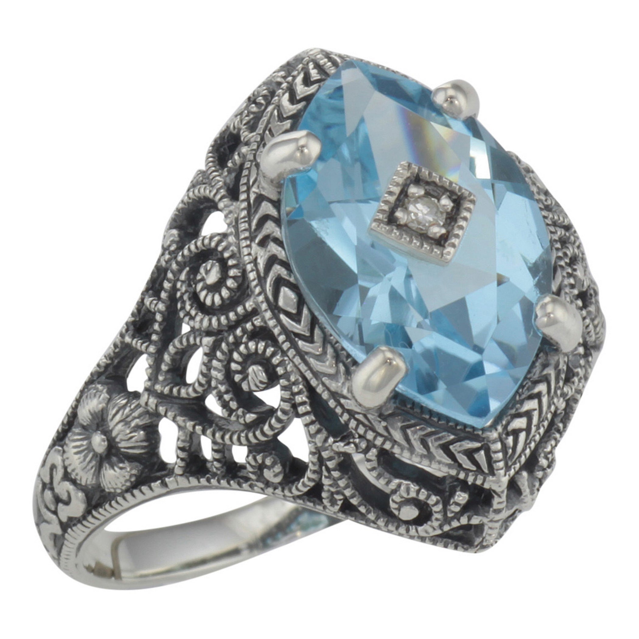 Victorian style, Blue Topaz, Diamond, sterling silver rings, front view