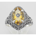 Detail view of Victorian Style Sterling Silver Citrine Filigree Ring w/ Diamond Center highlighting Citrine, Diamond