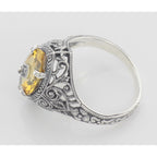 Back view of Victorian Style Sterling Silver Citrine Filigree Ring w/ Diamond Center showing 925 sterling silver hallmark