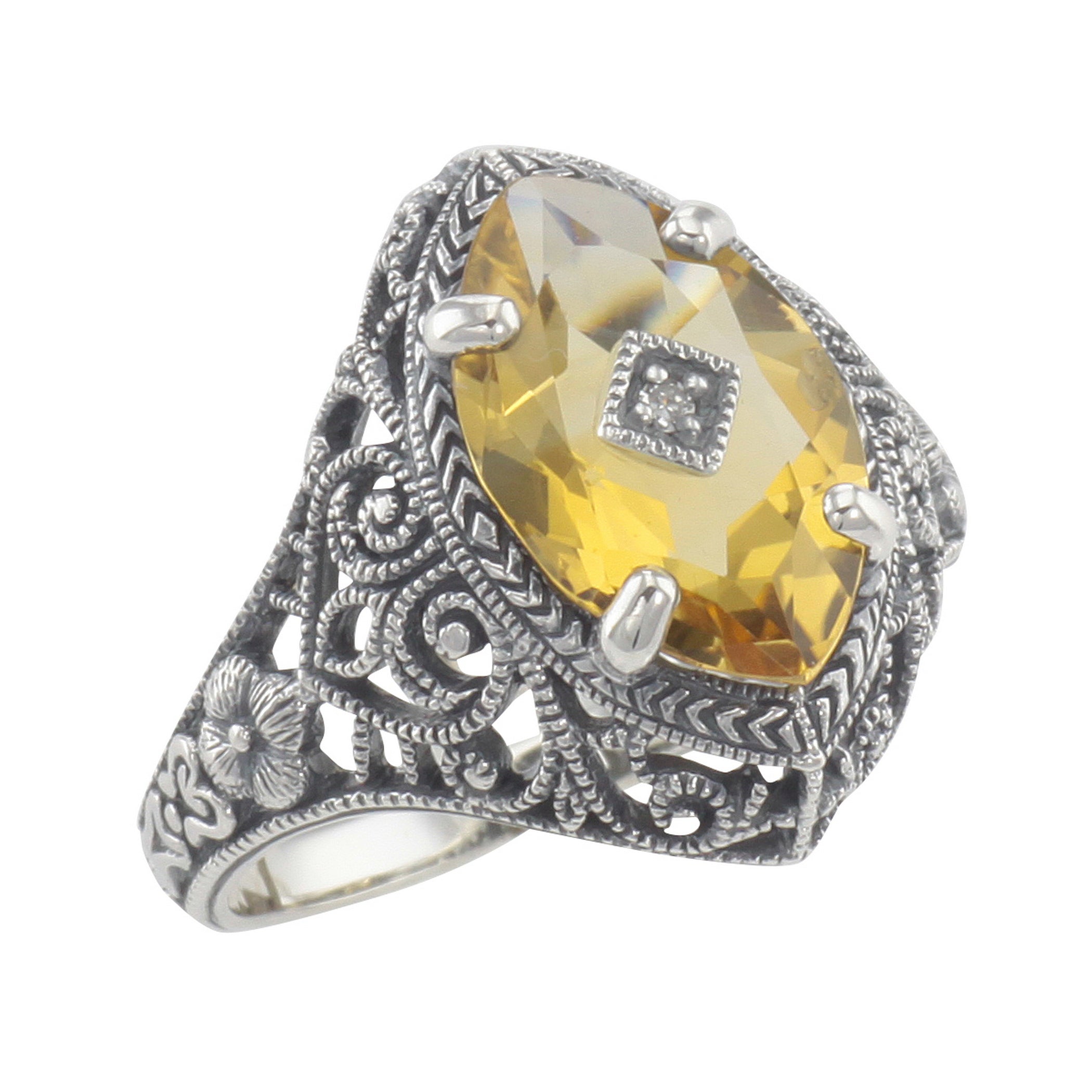 Victorian style, Citrine, Diamond, sterling silver rings, front view