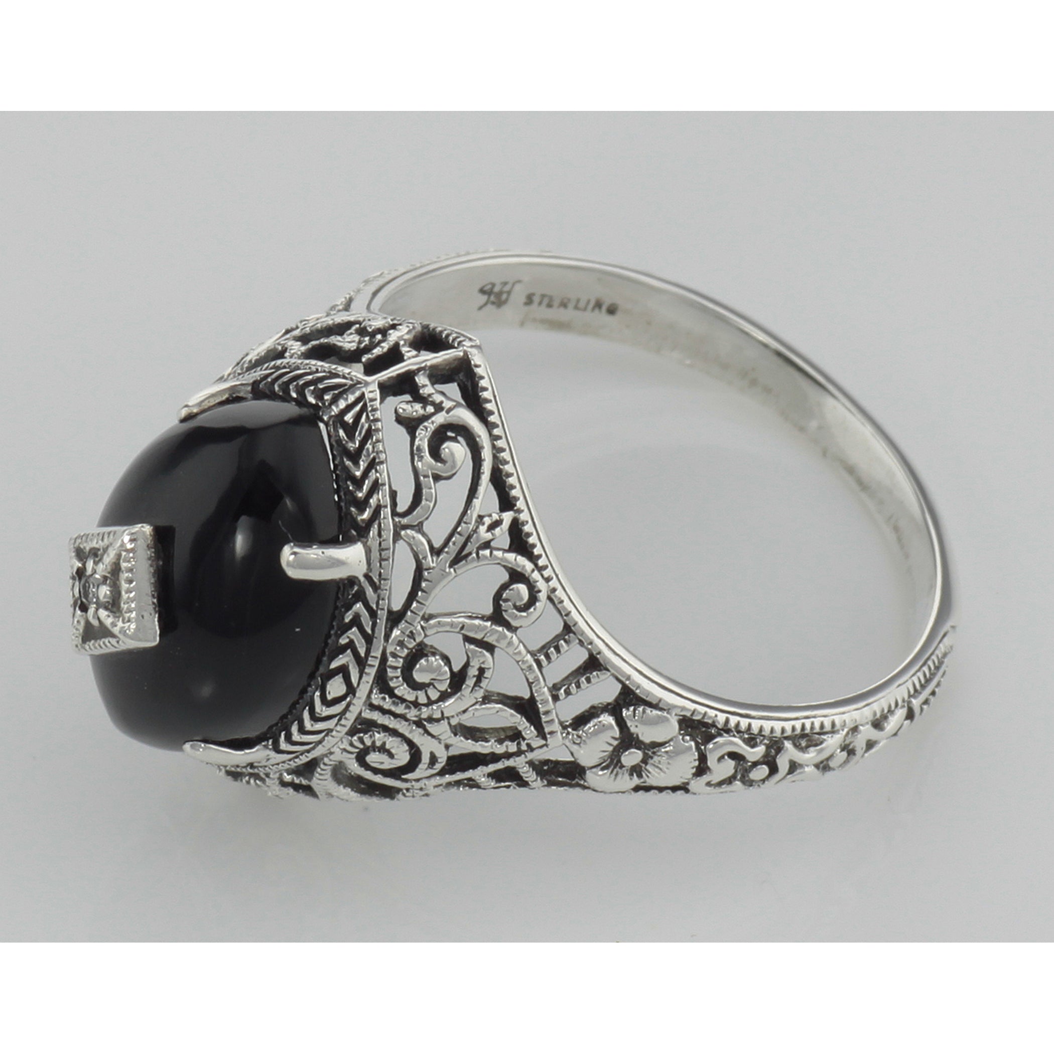 Back view of Art Deco Style Black Oynx Ring with Diamond Center showing 925 sterling silver hallmark