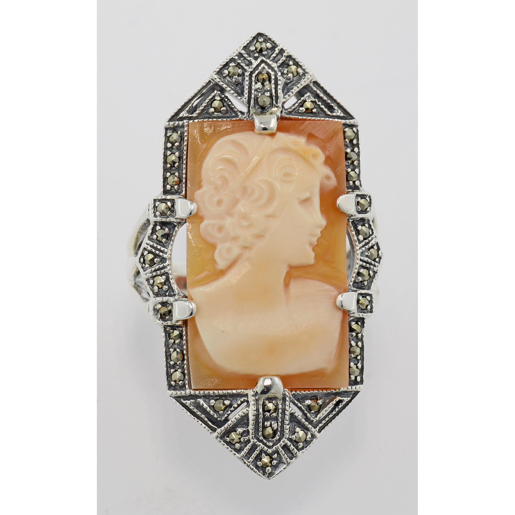 Detail view of Italian Hand Carved Shell Cameo Ring highlighting design details