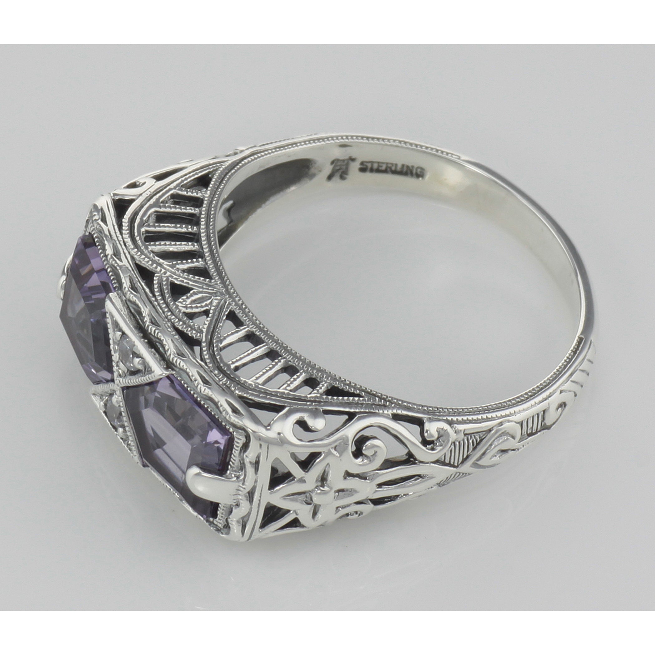 Detail view of Art Deco Style Genuine Amethyst Filigree Ring highlighting Amethyst