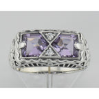 Back view of Art Deco Style Genuine Amethyst Filigree Ring showing 925 sterling silver hallmark