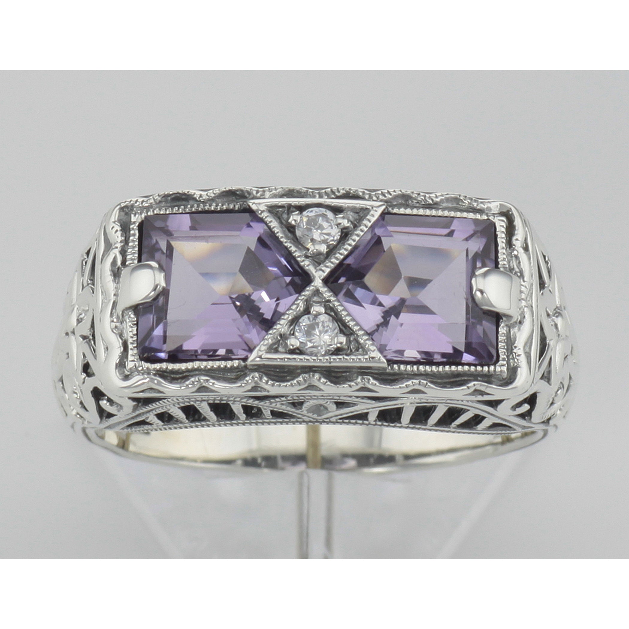 Back view of Art Deco Style Genuine Amethyst Filigree Ring showing 925 sterling silver hallmark