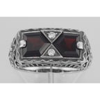 Detail view of Art Deco Style Genuine Red Garnet Filigree Ring highlighting Garnet