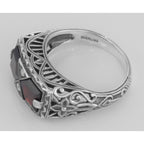 Back view of Art Deco Style Genuine Red Garnet Filigree Ring showing 925 sterling silver hallmark