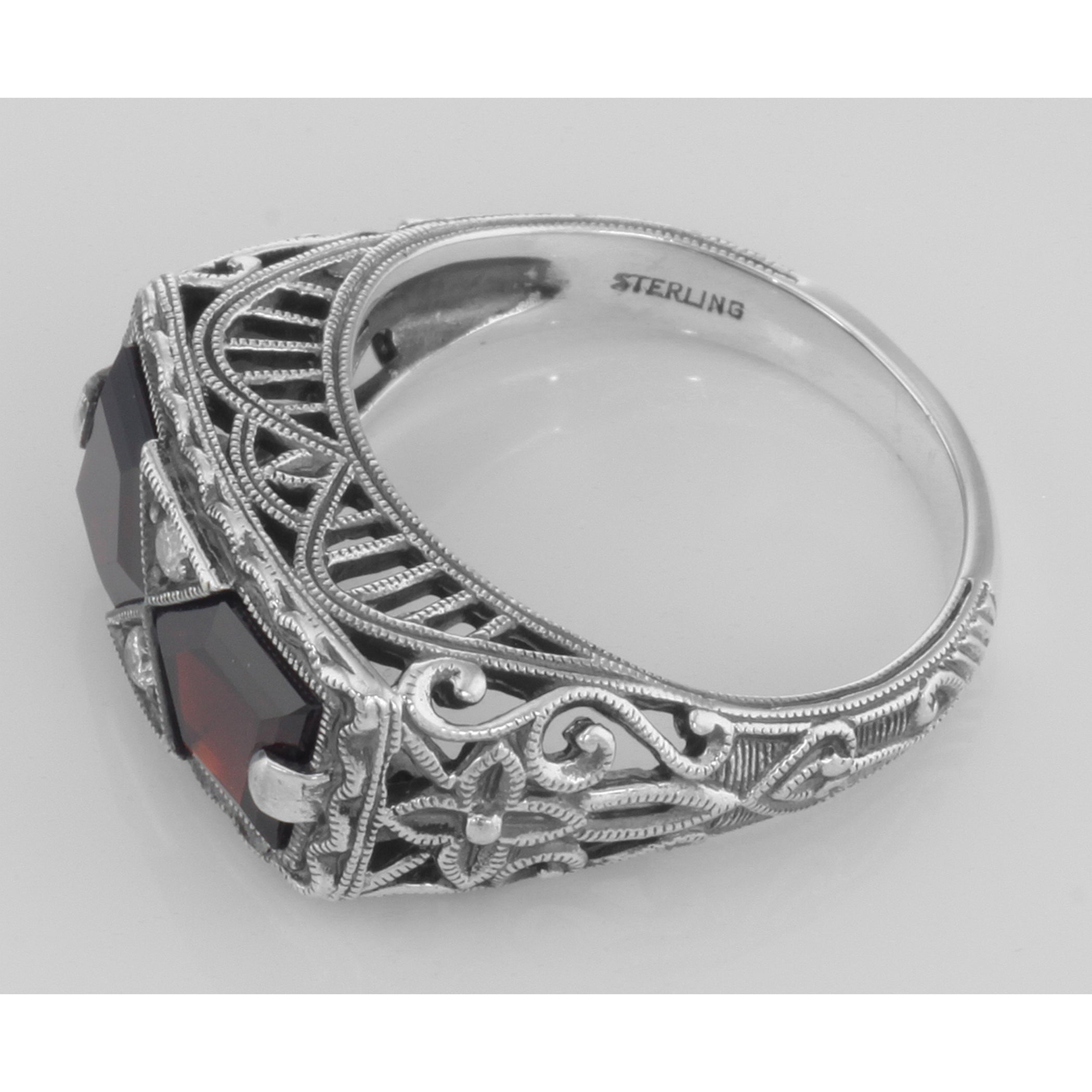 Back view of Art Deco Style Genuine Red Garnet Filigree Ring showing 925 sterling silver hallmark