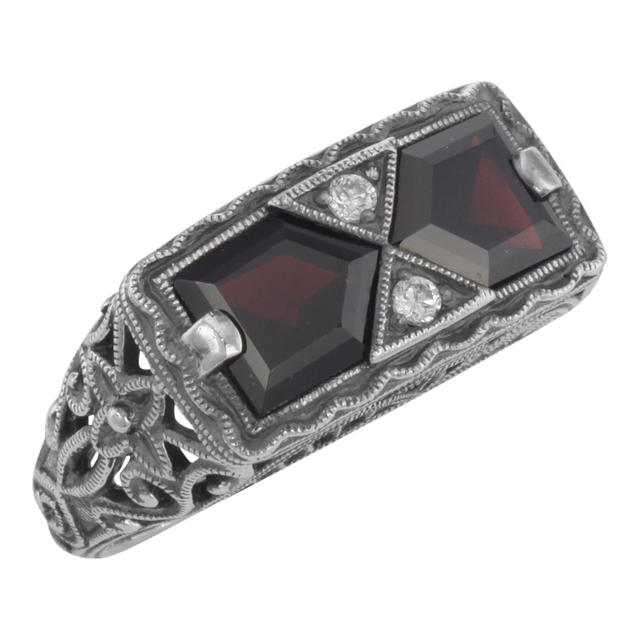 Art Deco style, Garnet, sterling silver rings, front view