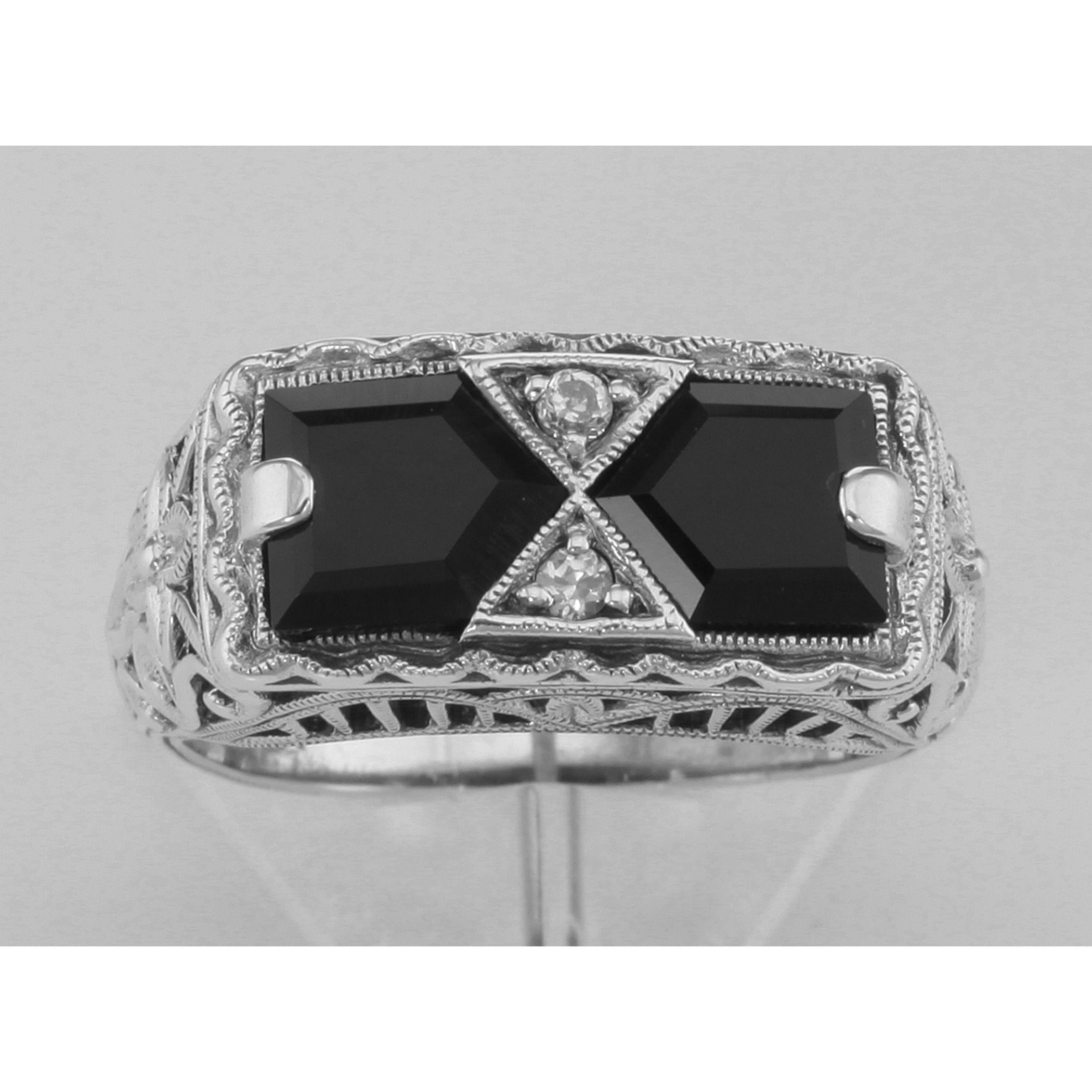 Detail view of Art Deco Style Black Onyx Filigree Ring with 2 diamonds highlighting Diamond, Black Onyx