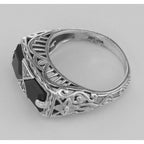 Back view of Art Deco Style Black Onyx Filigree Ring with 2 diamonds showing 925 sterling silver hallmark