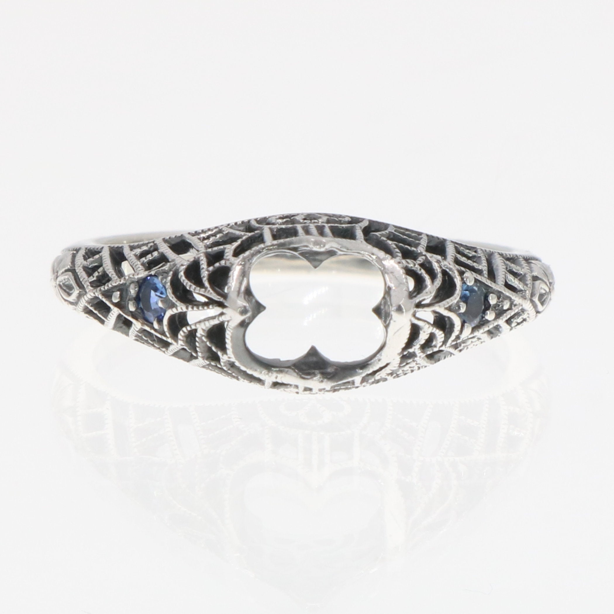Back view of Semi Mount 6mm Filigree Ring Sapphire Gems Sterling Silver showing 925 sterling silver hallmark