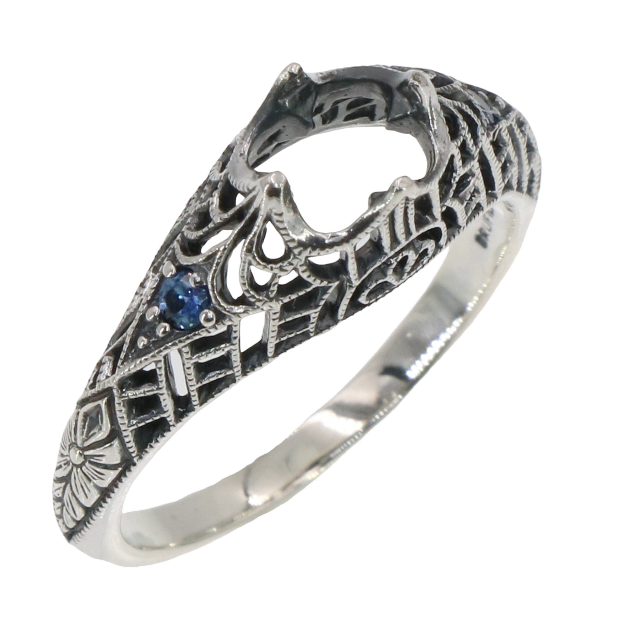 Filigree, Sapphire, sterling silver semi mount rings, front view