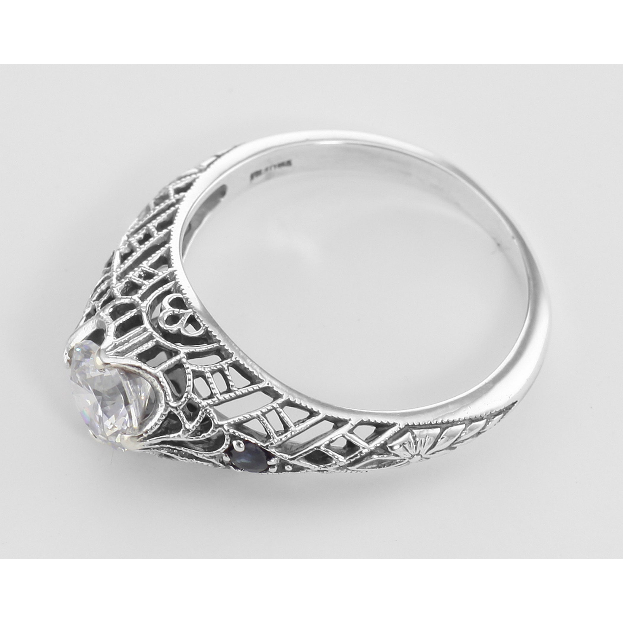 Back view of White Topaz Filigree Ring with Genuine Sapphire Accents Sterling Silver showing 925 sterling silver hallmark