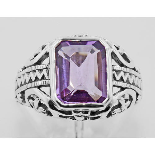Back view of 2 1/2 Carat Amethyst Filigree Ring showing 925 sterling silver hallmark