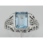 Detail view of Large Emerald Cut Genuine Blue Topaz Filigree Ring highlighting Blue Topaz, Emerald