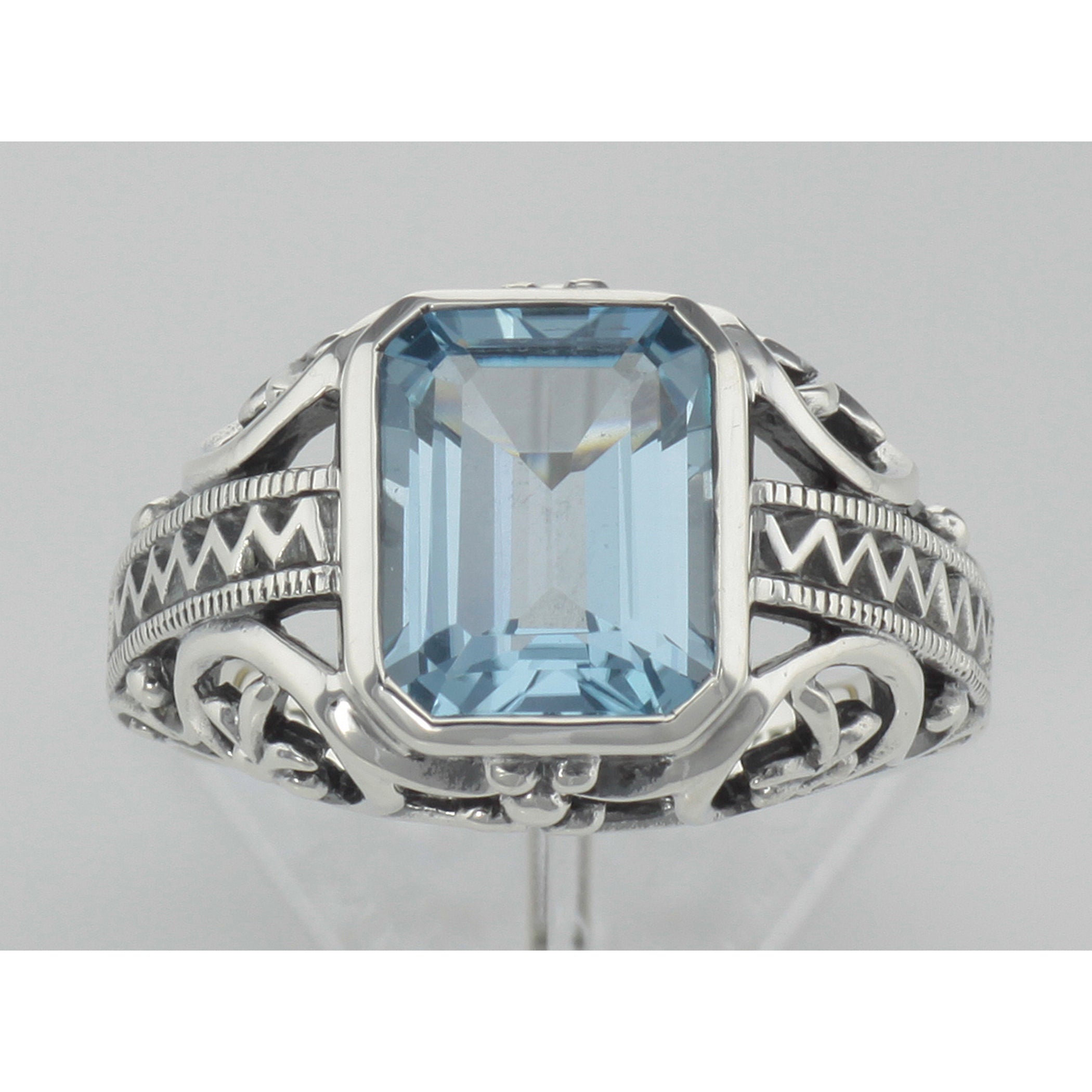 Detail view of Large Emerald Cut Genuine Blue Topaz Filigree Ring highlighting Blue Topaz, Emerald
