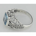 Back view of Large Emerald Cut Genuine Blue Topaz Filigree Ring showing 925 sterling silver hallmark