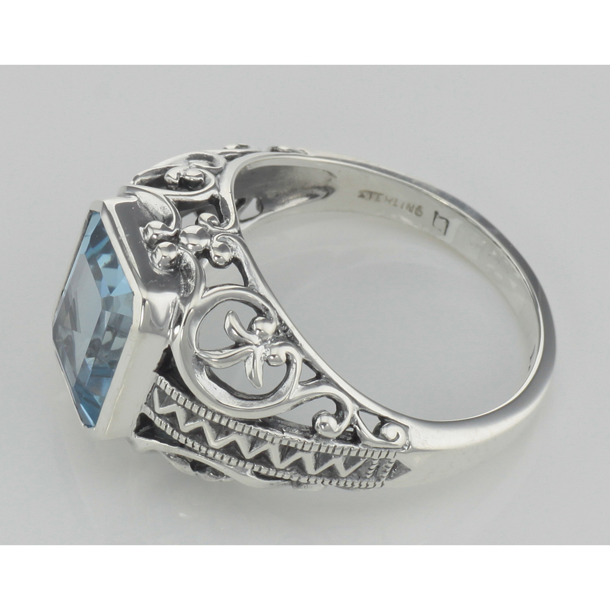 Back view of Large Emerald Cut Genuine Blue Topaz Filigree Ring showing 925 sterling silver hallmark