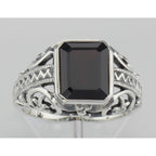 Detail view of Large Emerald Cut Genuine Garnet Filigree Ring highlighting Garnet, Emerald
