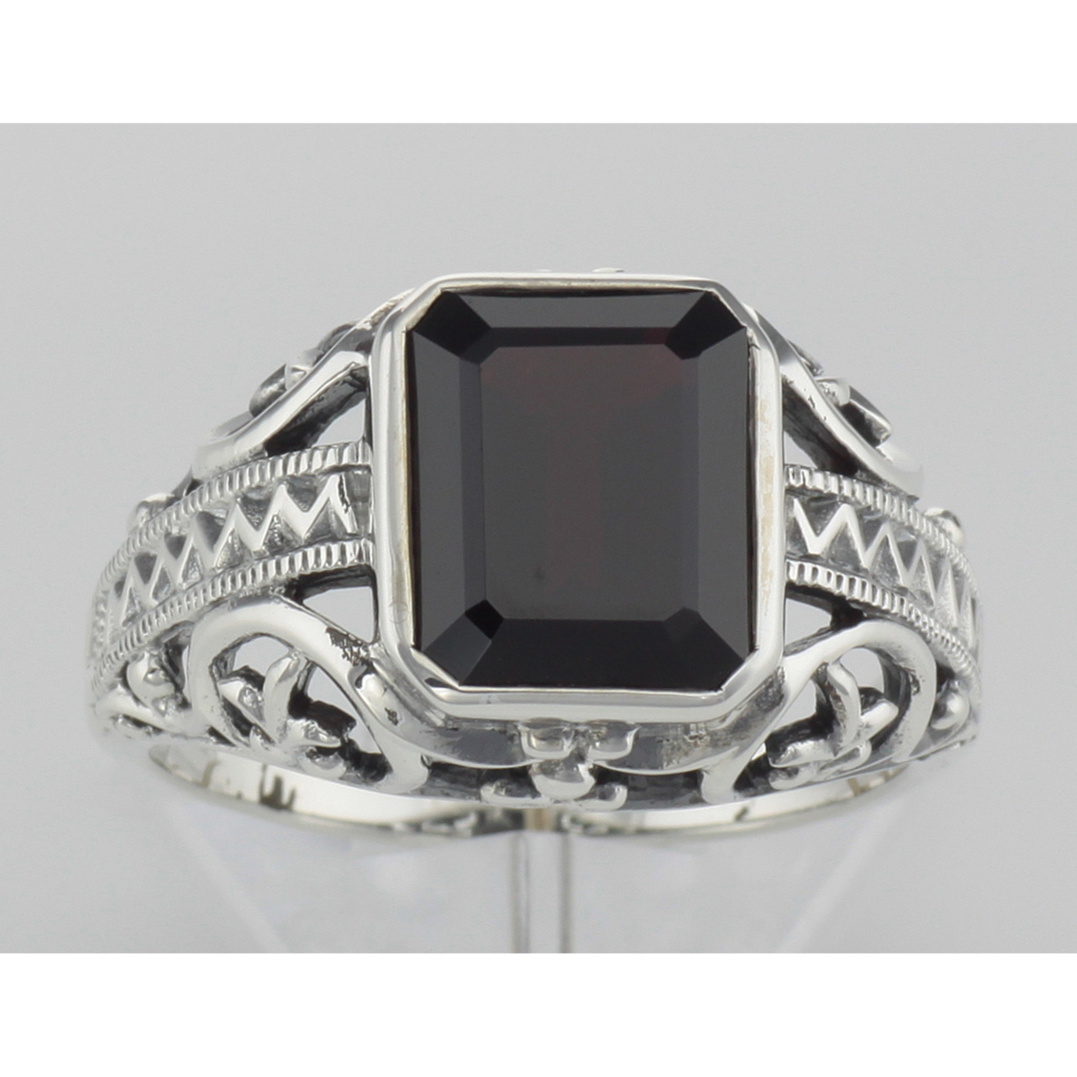 Detail view of Large Emerald Cut Genuine Garnet Filigree Ring highlighting Garnet, Emerald
