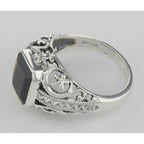 Back view of Large Emerald Cut Genuine Garnet Filigree Ring showing 925 sterling silver hallmark