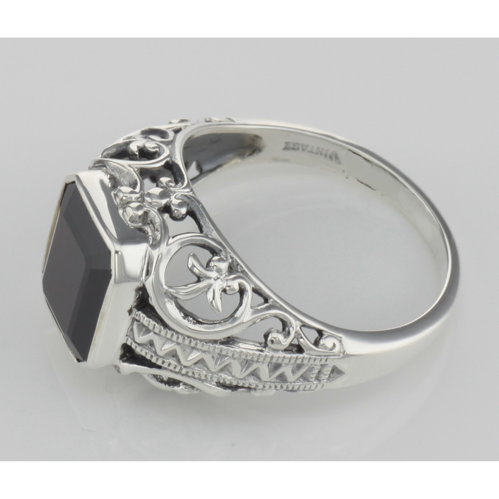 Back view of Large Emerald Cut Genuine Garnet Filigree Ring showing 925 sterling silver hallmark