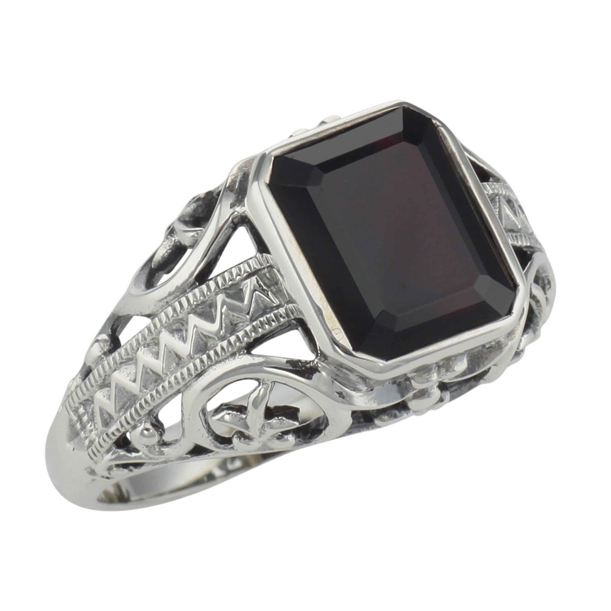 Filigree, Garnet, Emerald, sterling silver rings, front view
