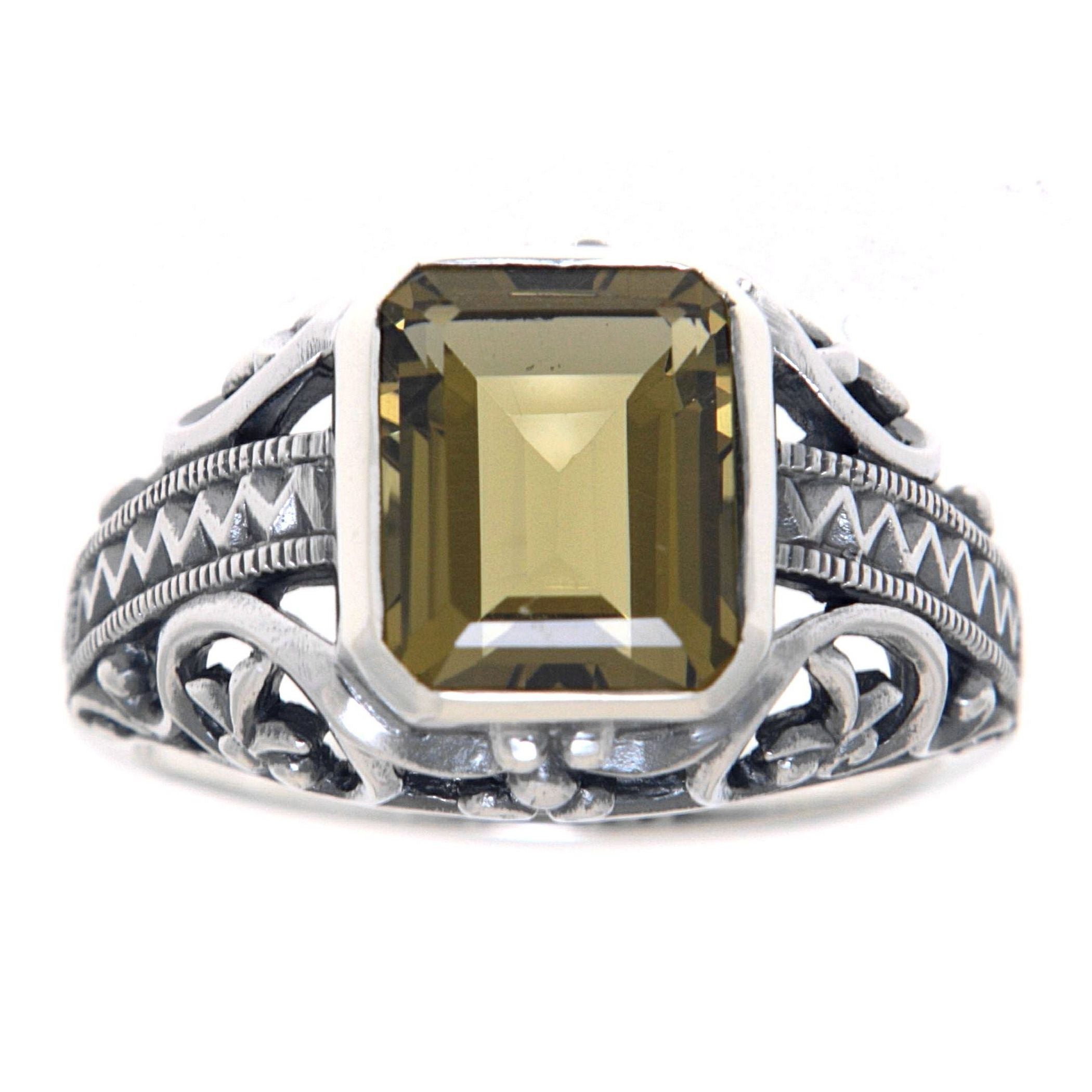 Detail view of Large Emerald Cut Genuine Olive Quartz Filigree Ring highlighting Emerald