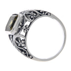 Back view of Large Emerald Cut Genuine Olive Quartz Filigree Ring showing 925 sterling silver hallmark