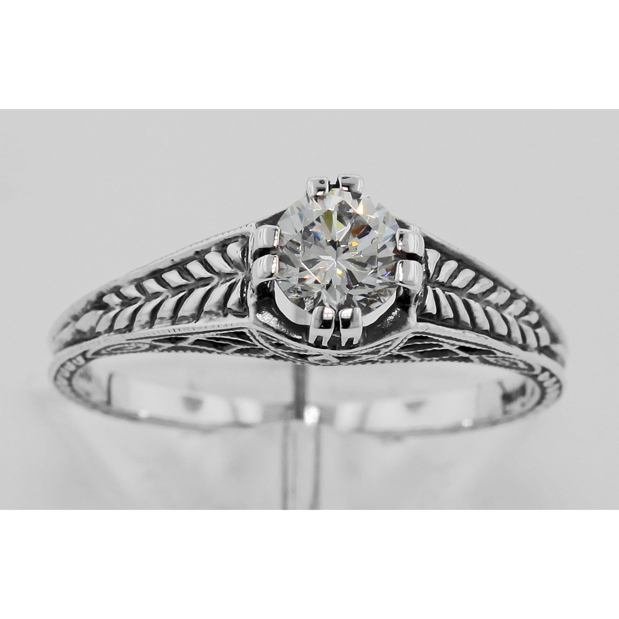 Detail view of Beautiful Victorian Style CZ Solitare Filigree Ring highlighting CZ
