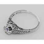 Back view of Beautiful Victorian Style CZ Solitare Filigree Ring showing 925 sterling silver hallmark