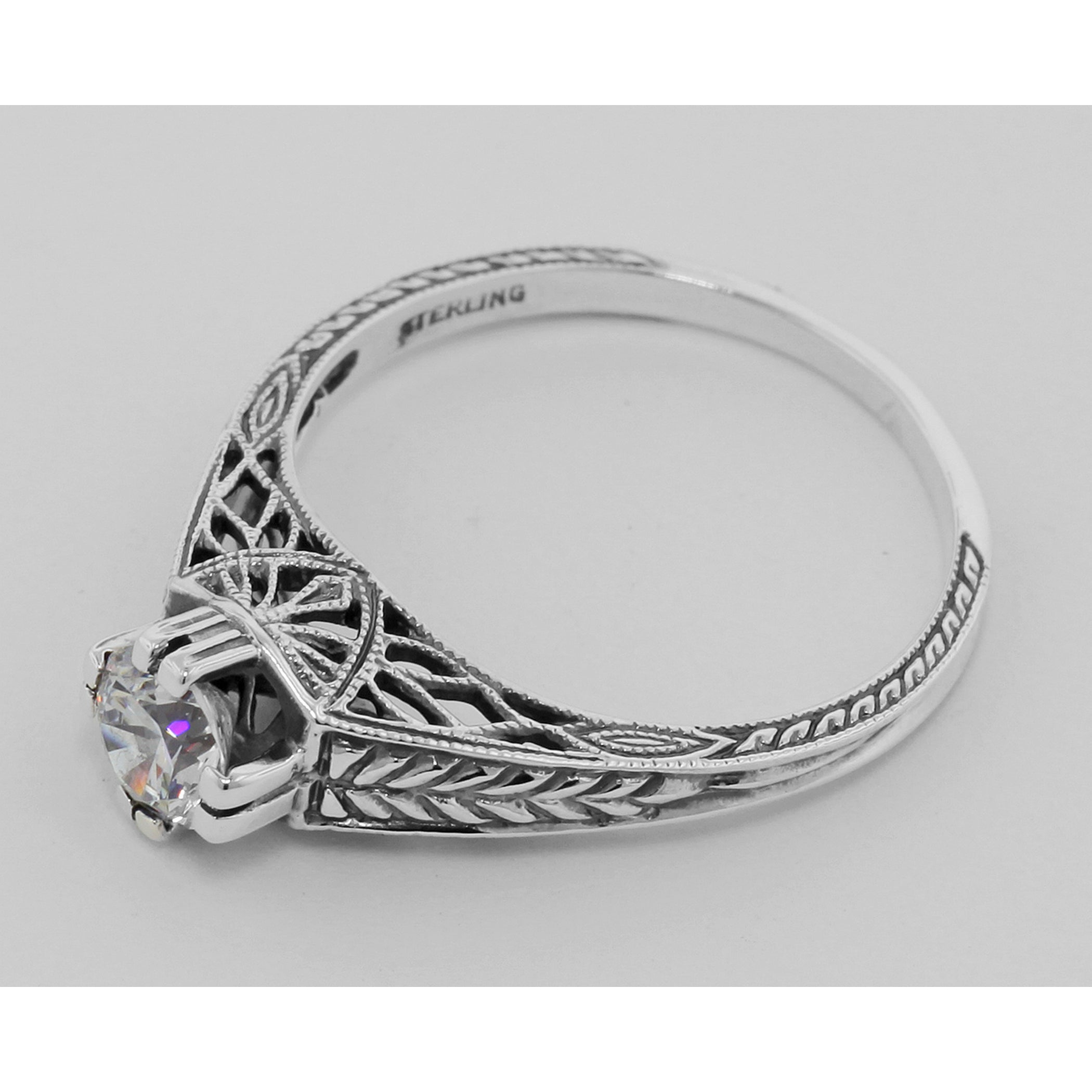 Back view of Beautiful Victorian Style CZ Solitare Filigree Ring showing 925 sterling silver hallmark