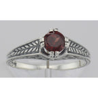Detail view of Victorian Style Natural Red Garnet Solitaire Filigree Ring Sterling Silver highlighting Garnet