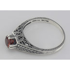 Back view of Victorian Style Natural Red Garnet Solitaire Filigree Ring Sterling Silver showing 925 sterling silver hallmark