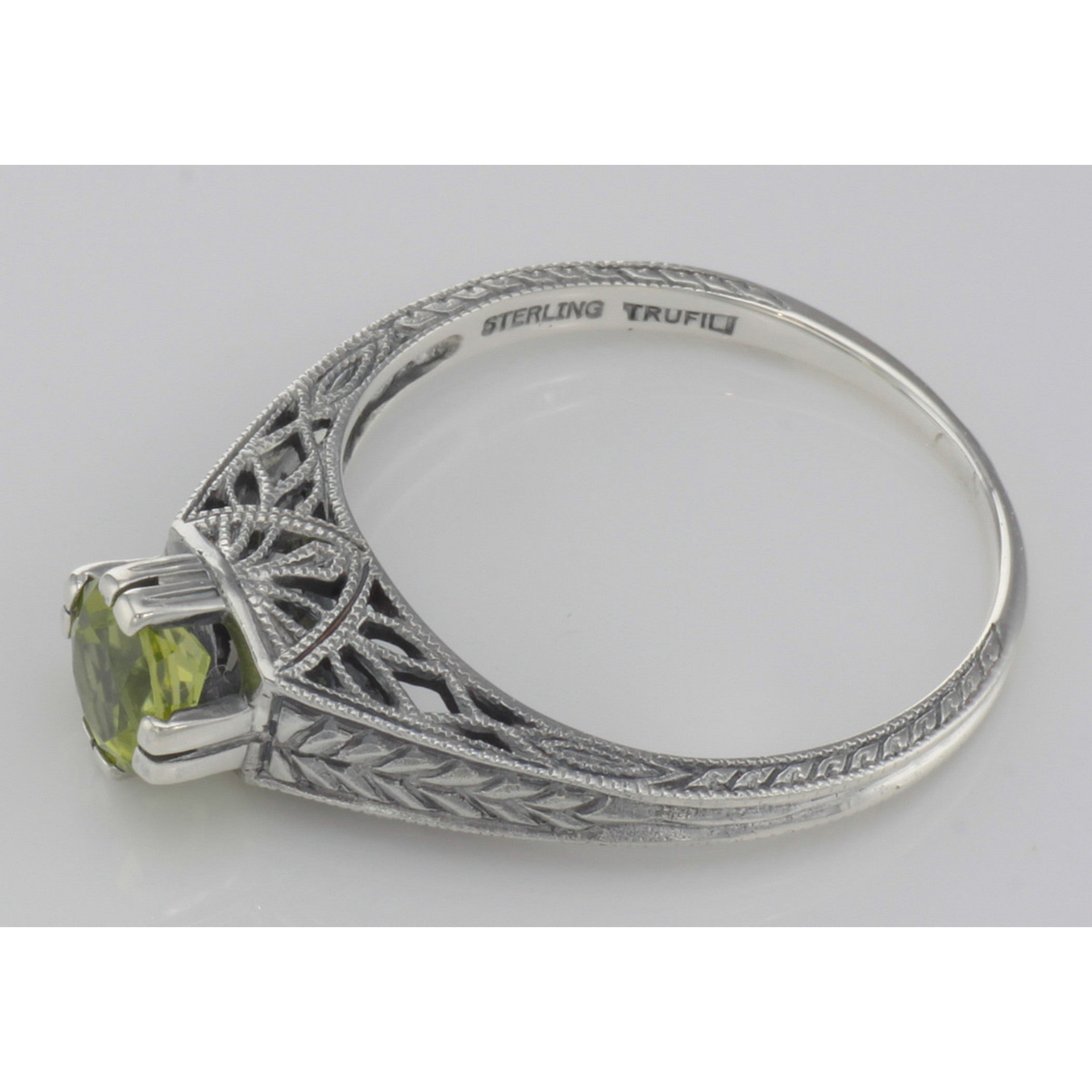 Back view of Beautiful Victorian Style Peridot Solitaire Filigree Ring Sterling Silver showing 925 sterling silver hallmark