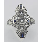 Detail view of Art Deco Style Filigree Semi Mount Ring w/ Sapphires Sterling Silver highlighting Sapphire
