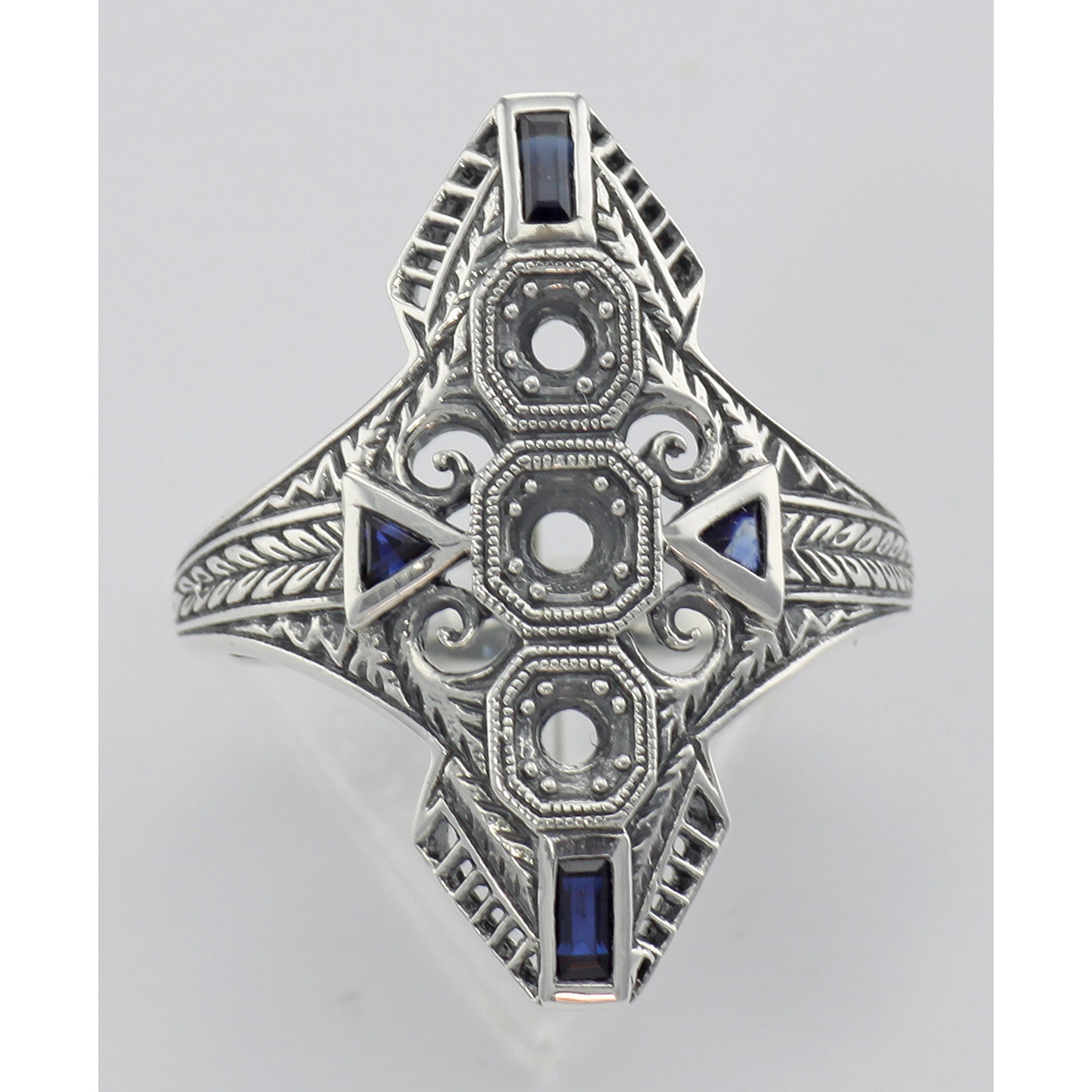 Detail view of Art Deco Style Filigree Semi Mount Ring w/ Sapphires Sterling Silver highlighting Sapphire