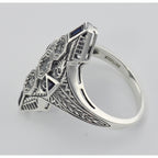 Back view of Art Deco Style Filigree Semi Mount Ring w/ Sapphires Sterling Silver showing 925 sterling silver hallmark