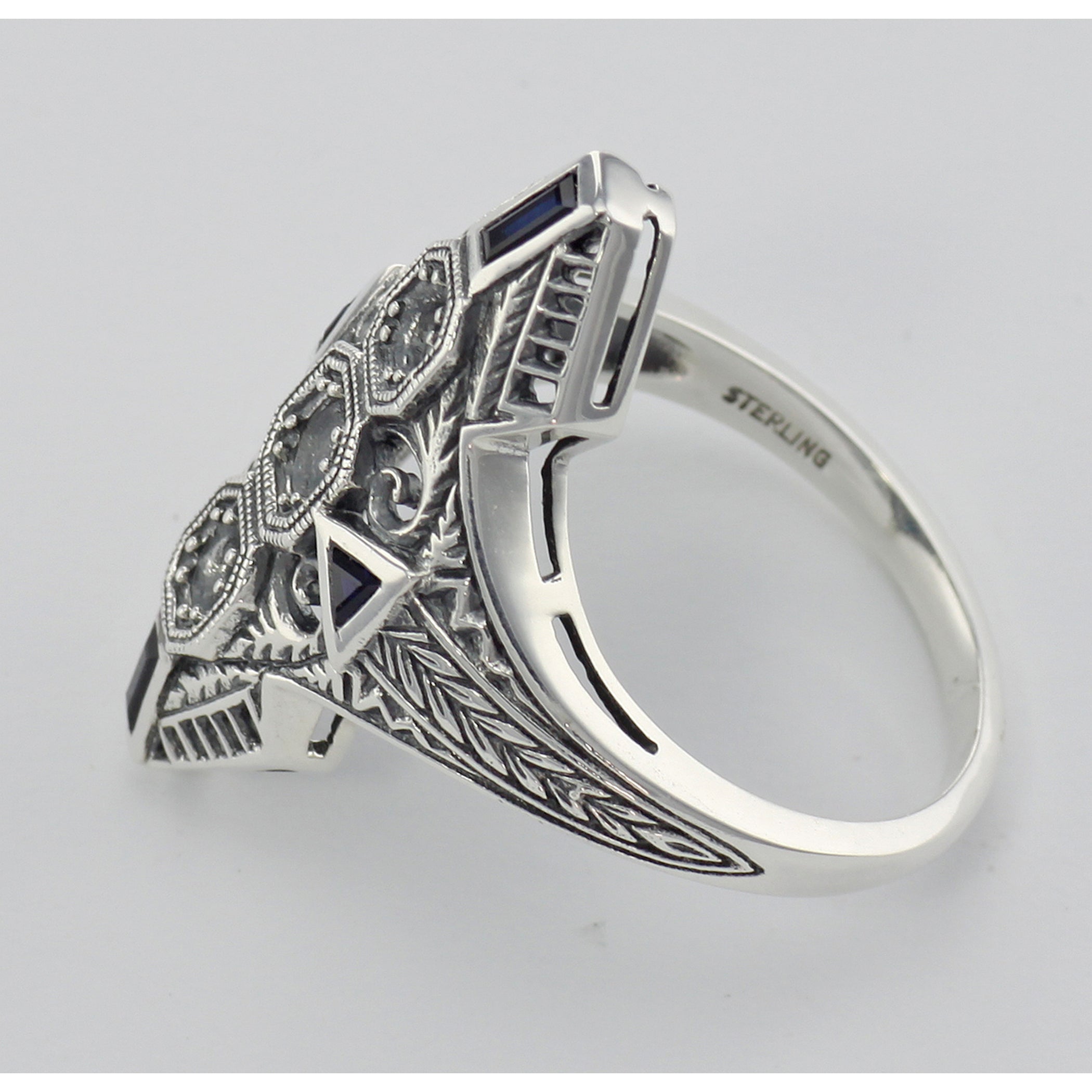Back view of Art Deco Style Filigree Semi Mount Ring w/ Sapphires Sterling Silver showing 925 sterling silver hallmark