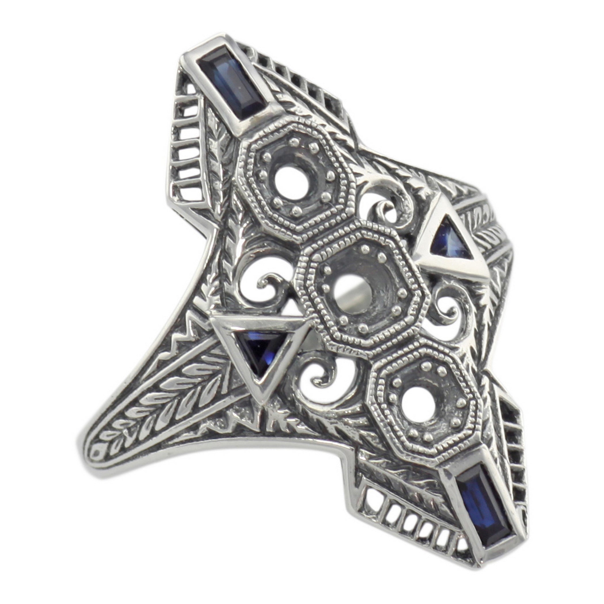 Art Deco style, Sapphire, sterling silver semi mount rings, front view