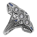 Art Deco style, White Topaz, Sapphire, sterling silver rings, front view