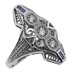 Art Deco style, White Topaz, Sapphire, sterling silver rings, front view