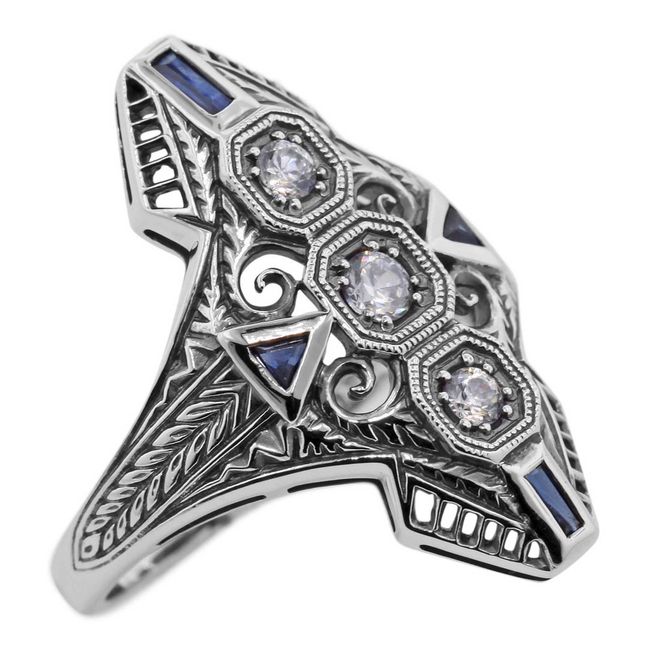 Art Deco style, White Topaz, Sapphire, sterling silver rings, front view