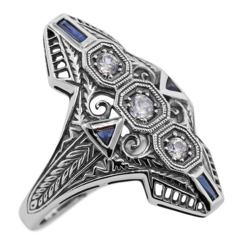 Art Deco style, White Topaz, Sapphire, sterling silver rings, front view
