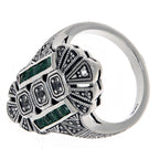 Detail view of Art Deco Style White Topaz / Emerald Accent Gemstone Ring Sterling Silver highlighting White Topaz, Emerald