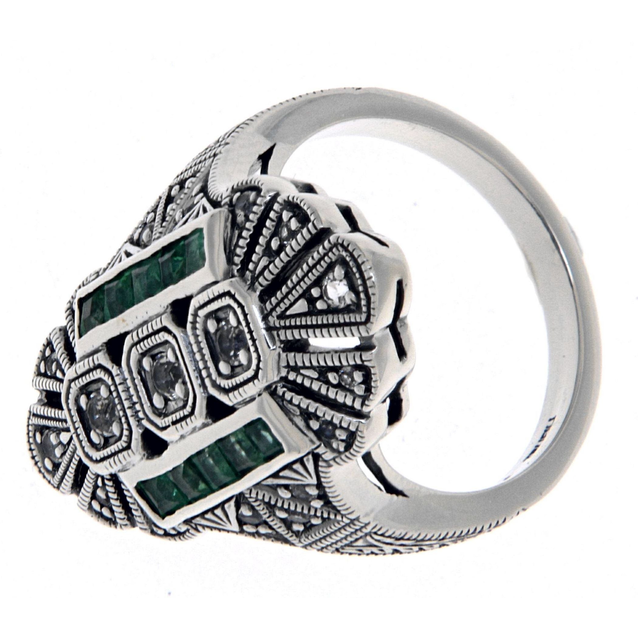 Detail view of Art Deco Style White Topaz / Emerald Accent Gemstone Ring Sterling Silver highlighting White Topaz, Emerald